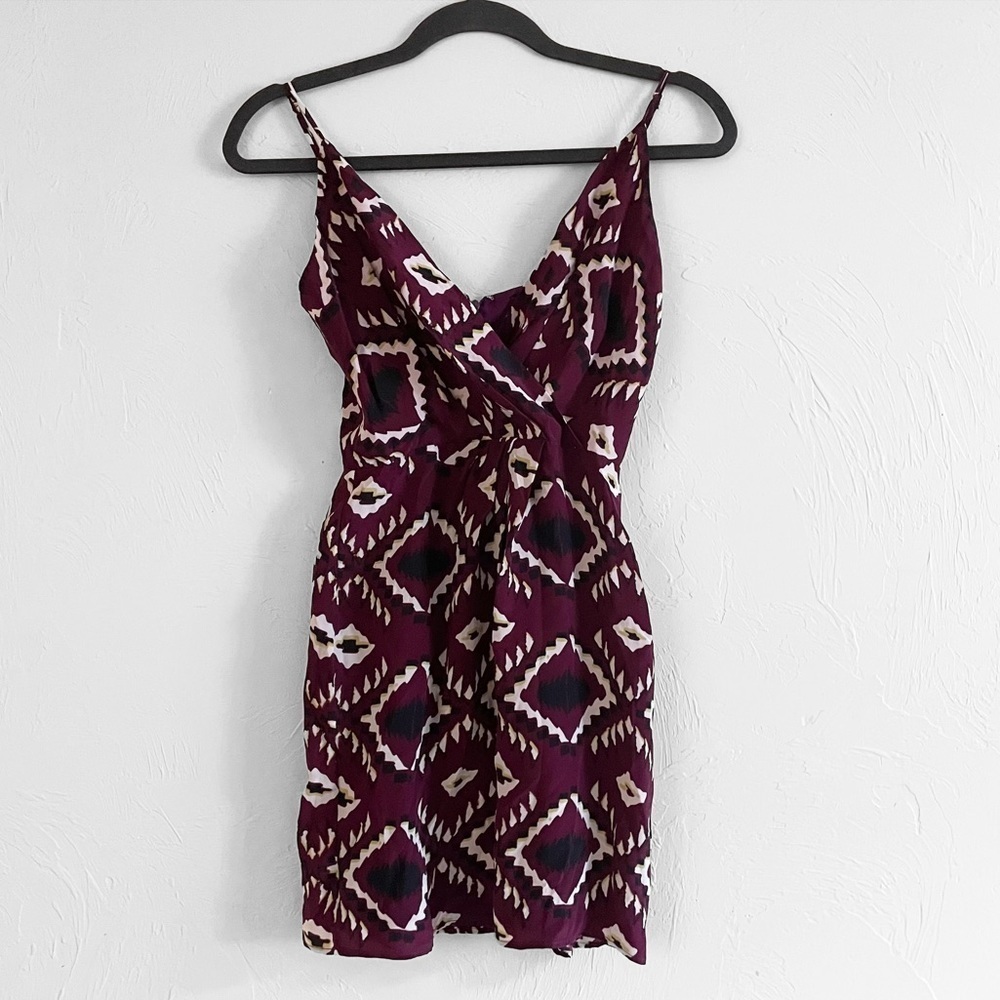 RORY BECA Purple Black White Ikat Print Wrap Top Spaghetti Strap Mini Dress 0